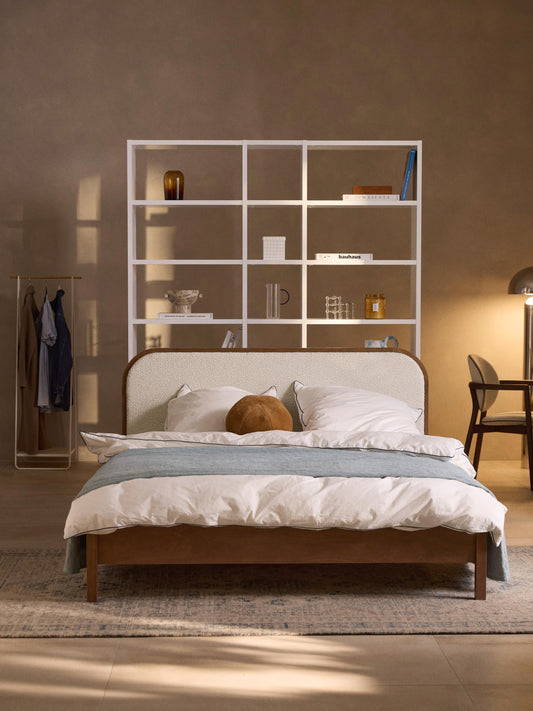 Jonmara Wooden Bed with Bouclé Headboard