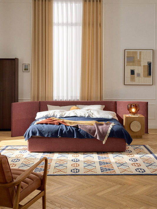 Otmarco Upholstered Bed with Folding Headboard