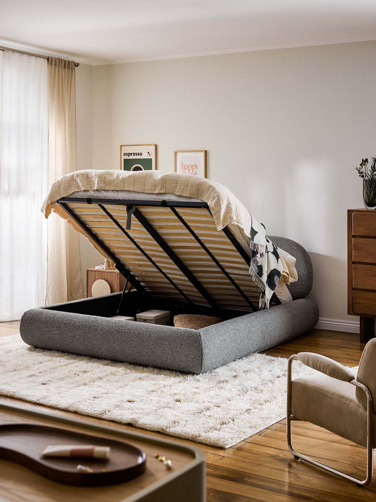 Alvira Upholstered Storage Bed in Bouclé