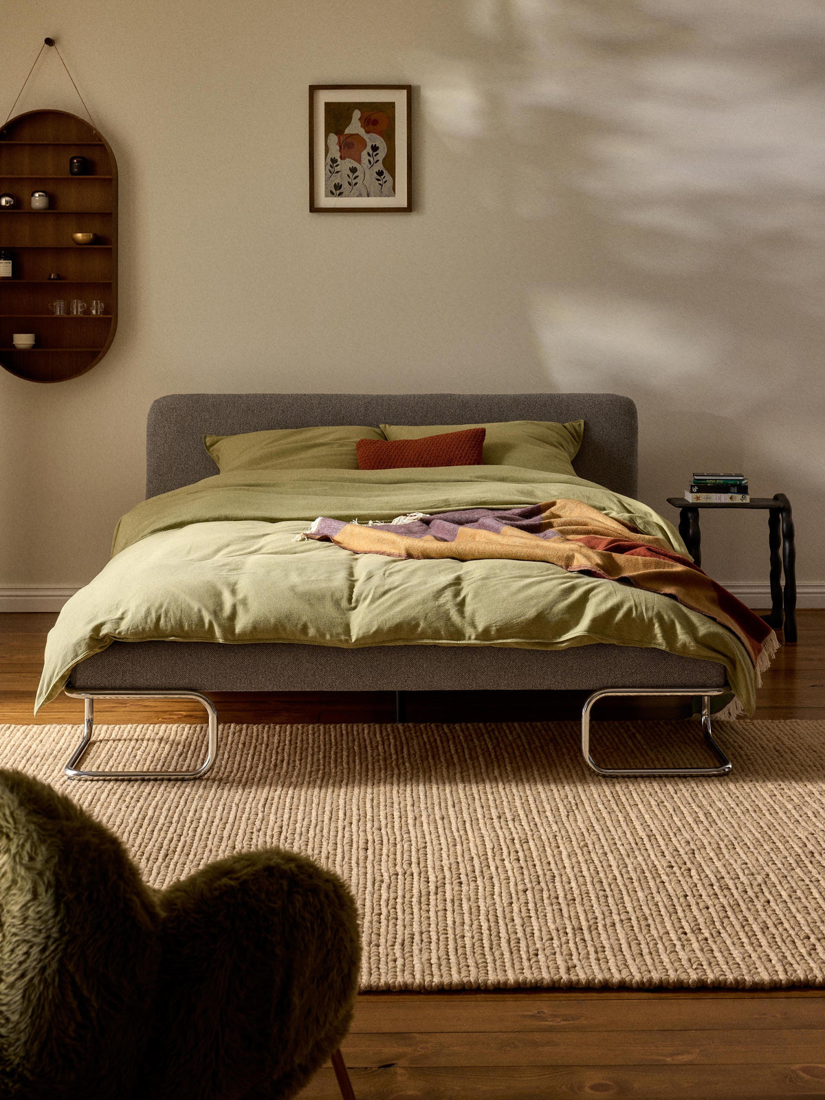 Olriva Bouclé Upholstered Bed with Metal Legs