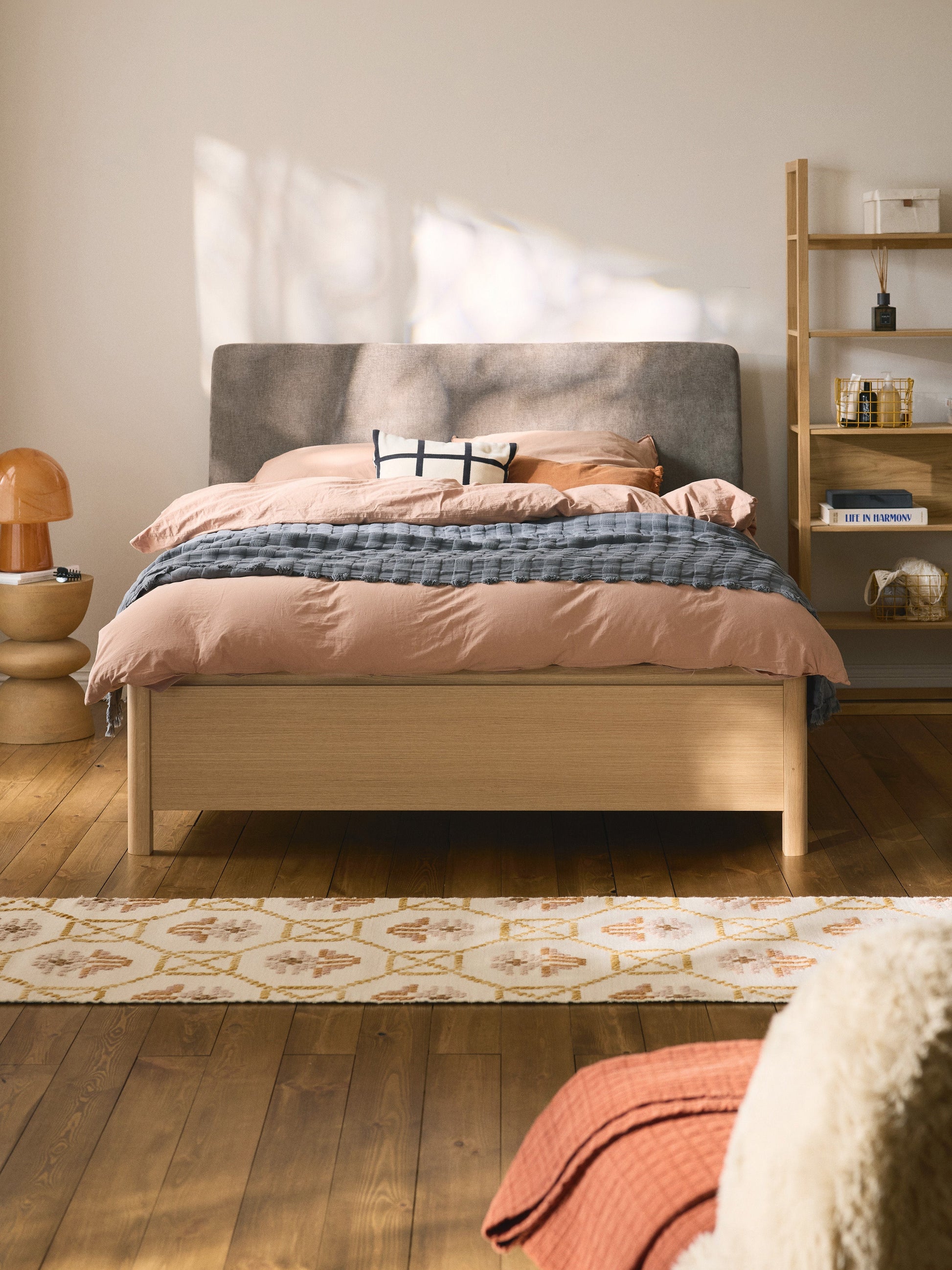 Santrella Wooden Bed with Drawers and Upholstered Headboard