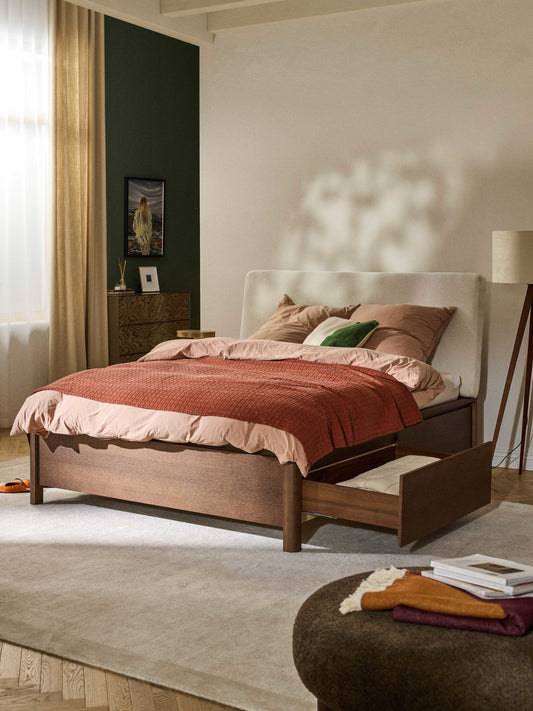 Santrella Wooden Bed with Drawers and Upholstered Headboard